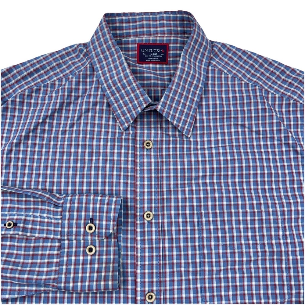Untuckit Shirt Men Large Blue Red Plaid Button Up Dress Casual Poplin Adult